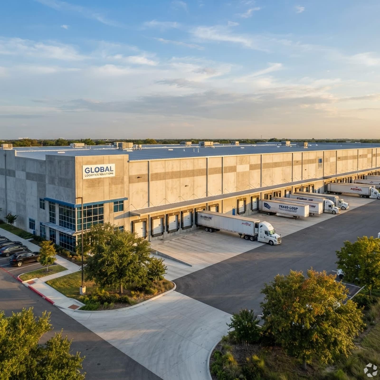 Modern distribution warehouse exterior with loading docks